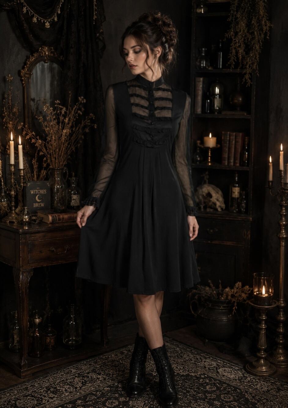 Anne Fontaine Noelise Black Dress Whimsigoth Witchy Long Sleeve Size 38 NEW $395